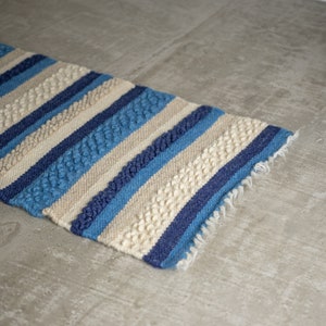 Blue wool rug, striped kitchen floor mat, throw bathroom kilim rug, nautical nursery decor, area runner rug, modern home decor image 1