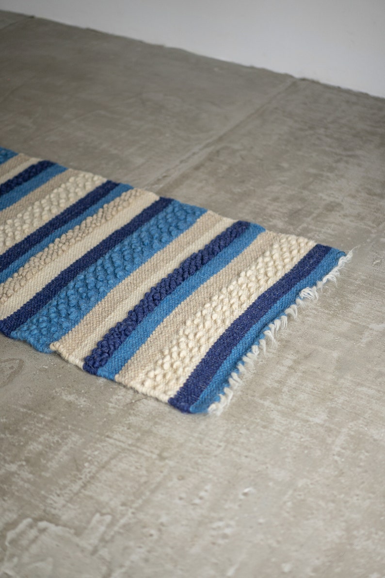 Blue wool rug, striped kitchen floor mat, throw bathroom kilim rug, nautical nursery decor, area runner rug, modern home decor image 1