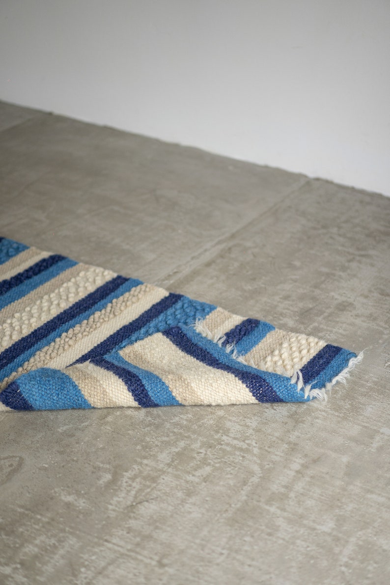 Blue wool rug, striped kitchen floor mat, throw bathroom kilim rug, nautical nursery decor, area runner rug, modern home decor image 7