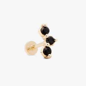 Round Cut Black Diamond Stud Earrings, 14k Solid Gold Black Diamond Earrings, Conch, Cartilage Stud, Flat back Labret Internally Threaded