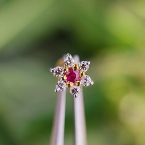 May include: A gold nose ring featuring a red ruby and white diamonds set in a flower design.