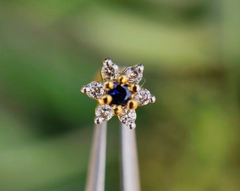 Blue Sapphire Stud Earring 14K Solid Gold, Natural Diamond Earring, Cartilage Earring, Earlobe Earring,  Tragus, Helix, Conch, Gift For Her