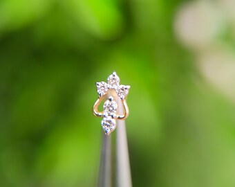 14K Gold Real Diamond Piercing Earrings, Minimal Indian Inspired Studs for Cartilage Tragus Helix Conch, Threaded Flat Back Labret Jewelry