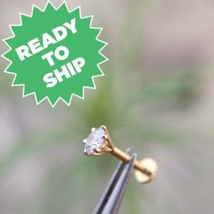 May include: A gold nose stud with a clear round gemstone.