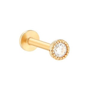 14K Solid Gold Genuine Diamond Scalloped Setting Ear Stud, Cartilage, Tragus, Helix, Conch, Internally Threaded Labret Ear Piercing, 16G/18G