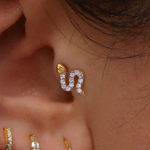 Diamond Snake Stud Earrings, 14k Gold Stud, Snake Ear Climber For Women Cartilage, Tragus, Helix, Conch, Internally Threaded Labret Piercing