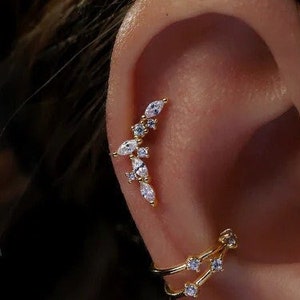 14k Gold Dainty Olive Leaf Studs Ear Climber, 14k Gold Leaf Studs Climber Earrings, Marquise Moissanite leaf shaped cartilage piercing