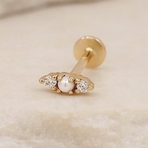 14K solid Gold echte Diamant Süßwasser Perle Bolzen, Tragus, Helix, Muschel, Lobe, Knorpel, intern gefädelte Piercing Ohrring 16G, 18G