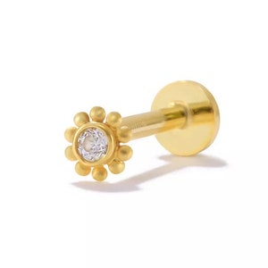 14K Solid Gold Milgrain Bezel-Set Genuine Diamond Cartilage Stud Earrings, Helix, Tragus Earring/ Internally Threaded Indian Nose Stud