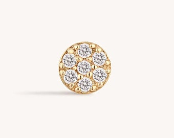 Diamond Round Disc Cluster Earrings, 14k Solid white, yellow Gold, Tragus, Helix, Conch, Internally Threaded Piercing Earring 16G, 18G