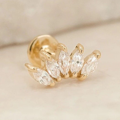 14k Solid Gold Bar Cartilage Stud Earrings Rhombus Conch Etsy