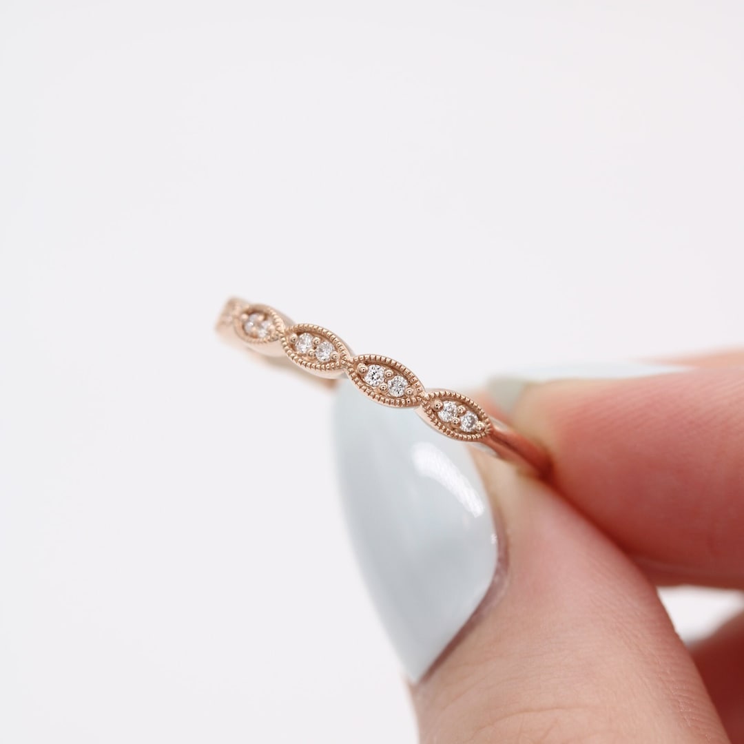 Vintage Art Deco Diamond Wedding Band: 14K Rose Gold Milgrain Ring - Etsy