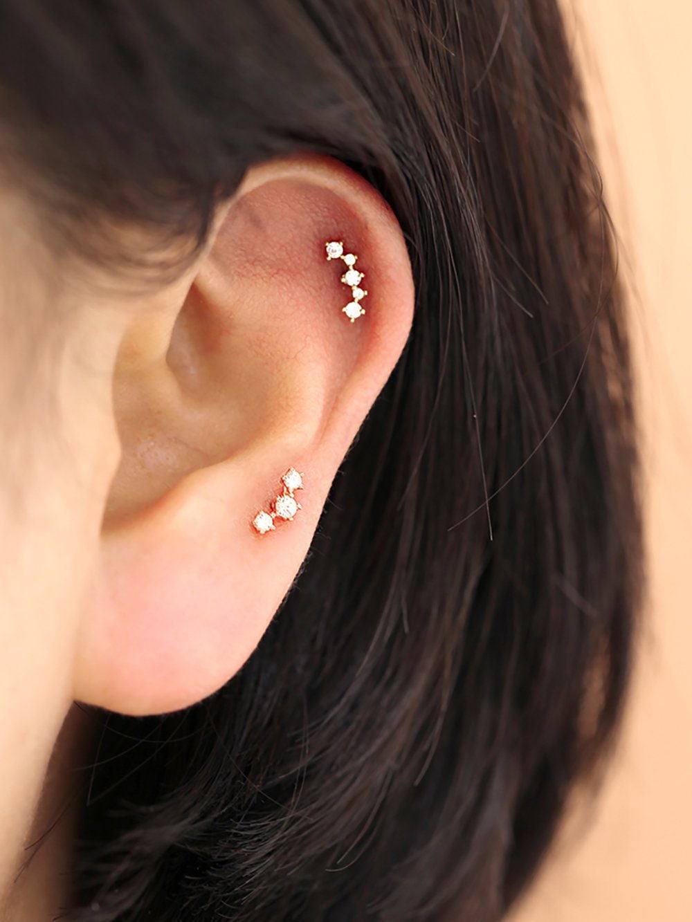 14K Solid Gold Lined Genuine Diamond Prongs Setting Ear Stud