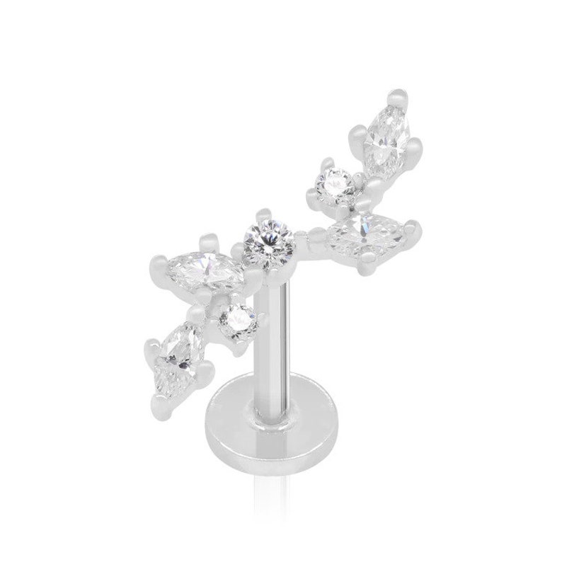 May include: A silver body jewelry piece with a cluster of clear cubic zirconia stones in a leaf-like design. The piece is designed for a cartilage piercing.