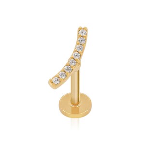 Pendiente de 14k Solid Gold Diamond Curved Bar Stud, Yellow Gold Diamond Bar Stud Earrings, Dainty Minimal Diamond Earrings, Internamente Roscado