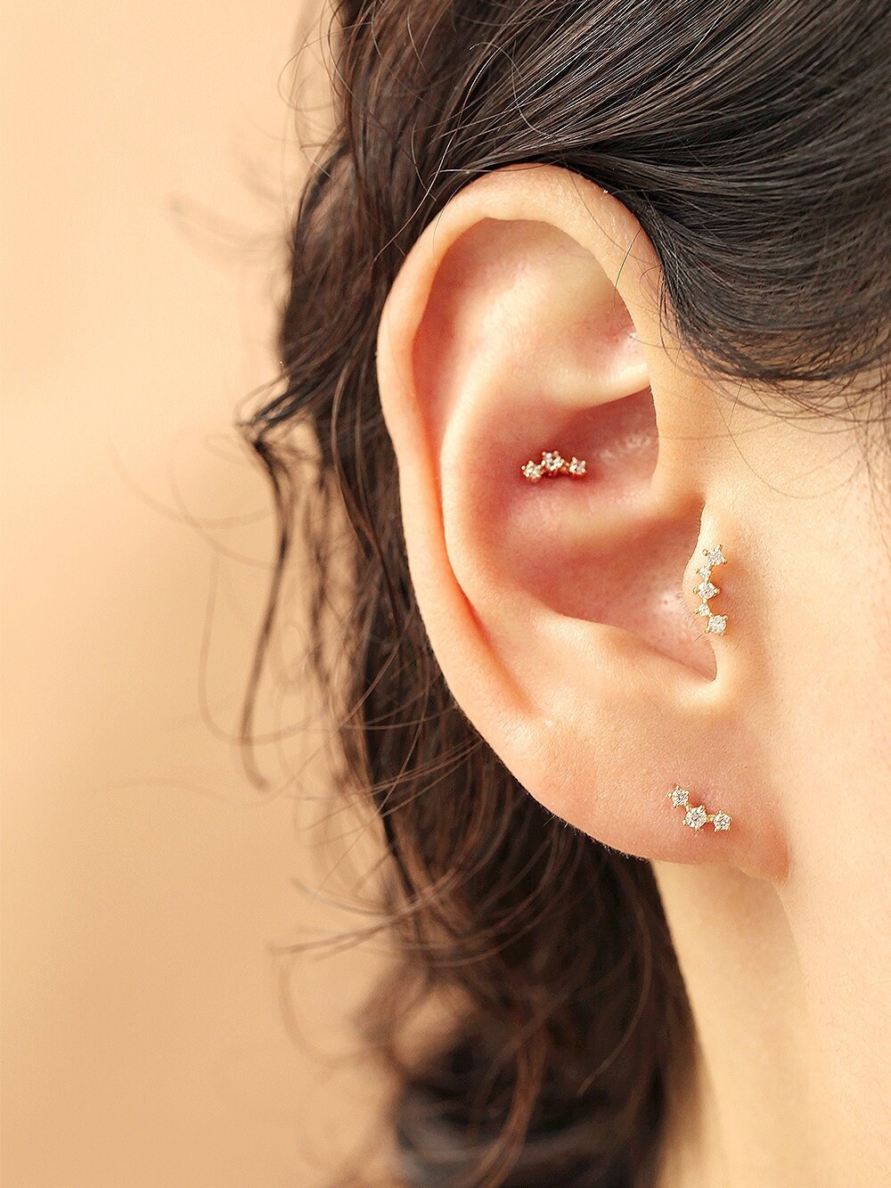 ◆STONEHENgE◆ DAL 14K Diamond Piercing M0786D Single 4 Stone Genuine Diamond Stud, 14K Gold Earring, Nose Tragus
