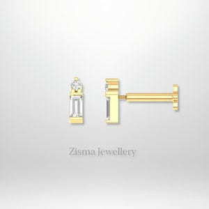 Baguette Diamant Tragus Knorpel Ohrring, 14k Solid Gold Minimal Baguette Schnitt Diamant Helix Piercing, 16g-18g Labret flache Rückseite Ohrringe