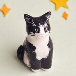 May include: A ceramic figurine of a sitting cat with black and white markings. The cat has yellow eyes and a pink nose. Two yellow star-shaped decorations are in the background. The figurine is on a light green surface.