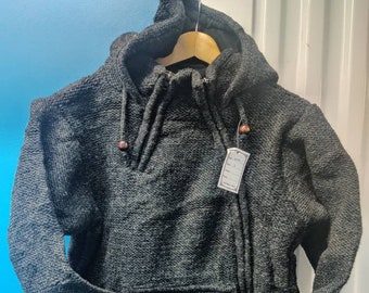 Handmade FleeceLined Winter unisex thick wool charcoal natural double layeyed multiple kangaroo pocket jacket. Handmade with love in Nepal.