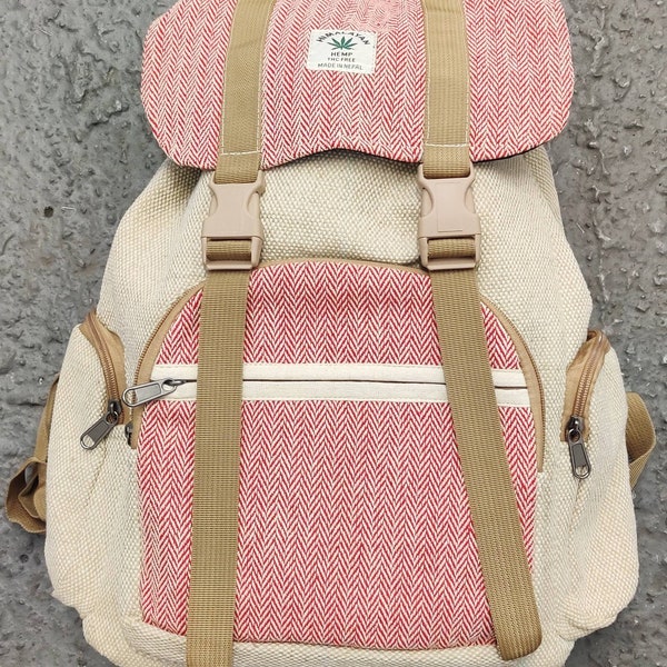 Hemp natural pink striped bhutani gheri handmade laptop compartment attached organic Eco-friendly rucksack .