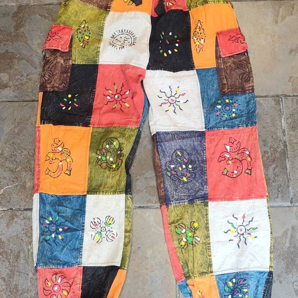 Nepalese handmade raw cotton non acidic washed  unisex patchwork funky Hippy colorful Printed Durable Cotton Trouser Pant.