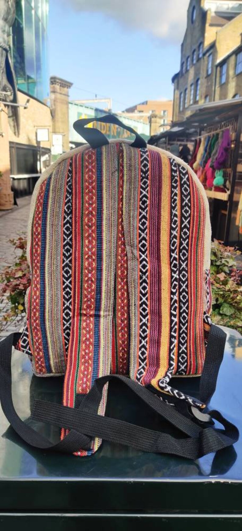 Hemp small baby multicolored Bagpack for outdoor use Natural gheri zigzag stringed stripe handmade organic sustainable vegan bagpack