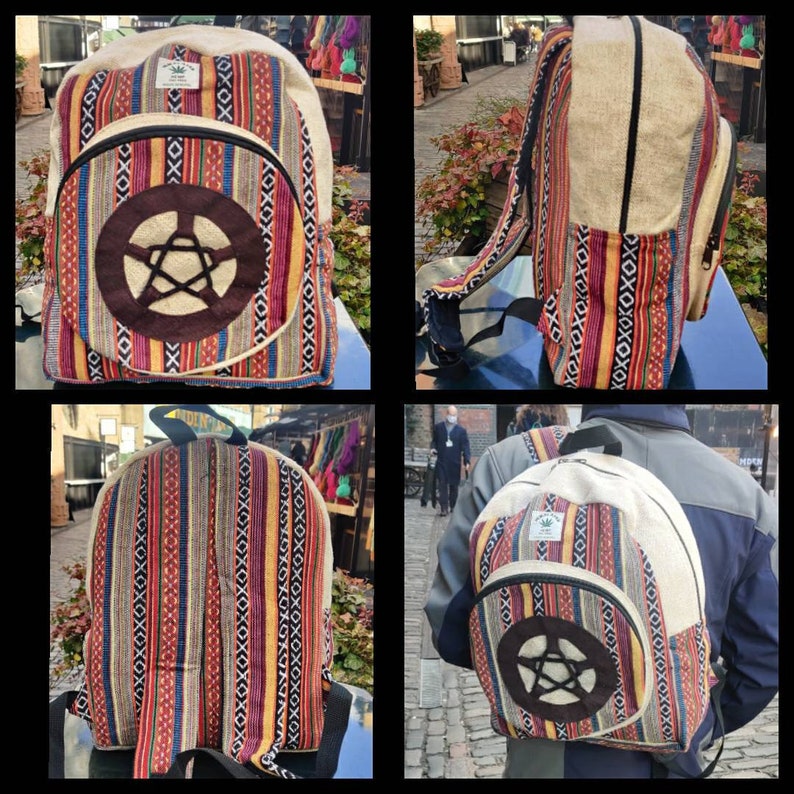 Hemp small baby multicolored Bagpack for outdoor use Natural gheri zigzag stringed stripe handmade organic sustainable vegan bagpack