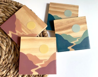 Boho Landscape Wood Coaster Set • Hand painted • Traveling • Nature • Abstract Sunset Mountains • Mid Century Modern • Travel Gift