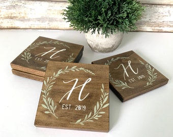 Personalized Wood Coasters • Custom Housewarming Marriage Year Gift • Wedding Last Name Initial • Many Custom Colors • Wreath Haindpainted