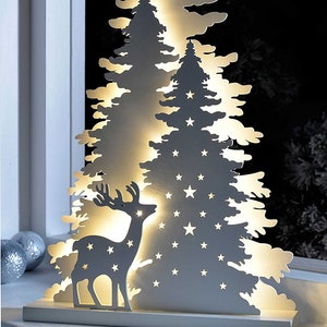 Christmas Window Decor 2. Window Stand. Christmas tree and deer. For 3, 4 and 6 mm material. Vector files cdr, dxf, eps, svg