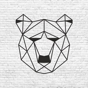 Könnte beinhalten: Geometrische Linienkunst-Illustration eines Bärenkopfes in Schwarz auf einem weißen Ziegelmauer-Hintergrund. Das Bild enthält die Dateiformate cdr, dxf, eps und svg.