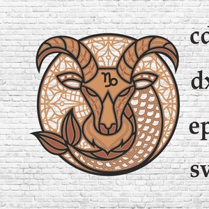 May include: A black and brown mandala design featuring the astrological symbol for Capricorn, a goat with a fish tail. The design is intricate and detailed, with a circular pattern of flowers and leaves.
