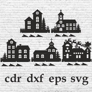 Könnte beinhalten: Schwarz-weißes Silhouette-Schnittmuster eines Weihnachtsdorfes mit Häusern, einer Kirche und einem Schlitten mit Rentieren, die über der Stadt fliegen. Das Design enthält den Text "cdr dxf eps svg".