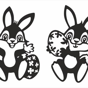 May include: Two black and white cartoon bunnies holding Easter eggs. One bunny is holding an egg with a floral design and the other bunny is holding a plain egg.