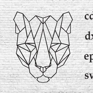 Puede incluir: Diseño geométrico de líneas de una cabeza de pantera en negro sobre un fondo de ladrillo blanco. Los formatos de archivo disponibles para descargar son cdr, dxf, eps y svg.