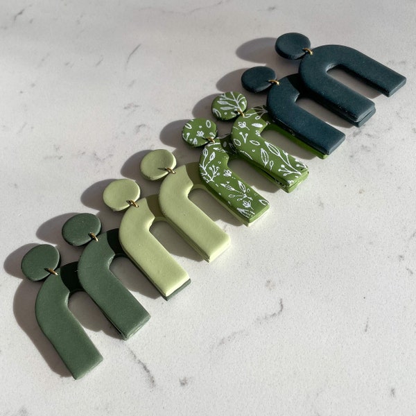 Clay Arch Earrings, Polymer Clay Earrings Green, Sage Green Earrings Dangle, Modern Earrings Geometric, Bridesmaids Gift Earrings Green