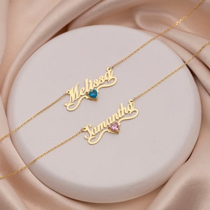 14K Gold Personalized Name Necklace with Birthstone , Birtstone name necklace, Custom Name Necklace, Children Name Necklace, Name Necklace image 2