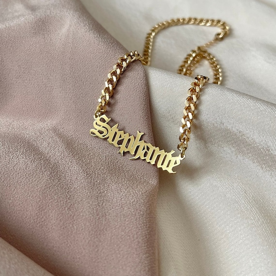 14k Yellow Gold Miami Cuban Link Personalized Large Old English Nameplate  Necklace