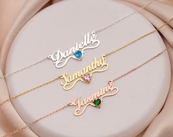 14K Gold Personalized Name Necklace with Birthstone , Birtstone name necklace, Custom Name Necklace, Children Name Necklace, Name Necklace