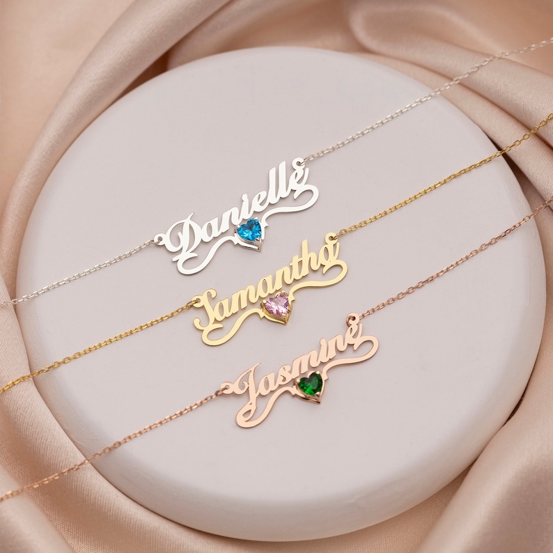 14K Gold Personalized Name Necklace with Birthstone , Birtstone name necklace, Custom Name Necklace, Children Name Necklace, Name Necklace image 1