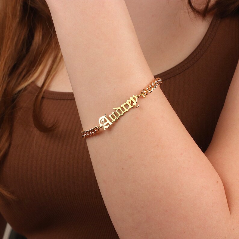 Custom Name Bracelet / Old English Name Bracelet / Curb Chain Etsy