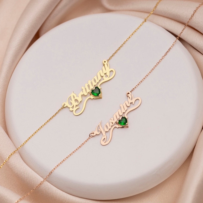 14K Gold Personalized Name Necklace with Birthstone , Birtstone name necklace, Custom Name Necklace, Children Name Necklace, Name Necklace image 5