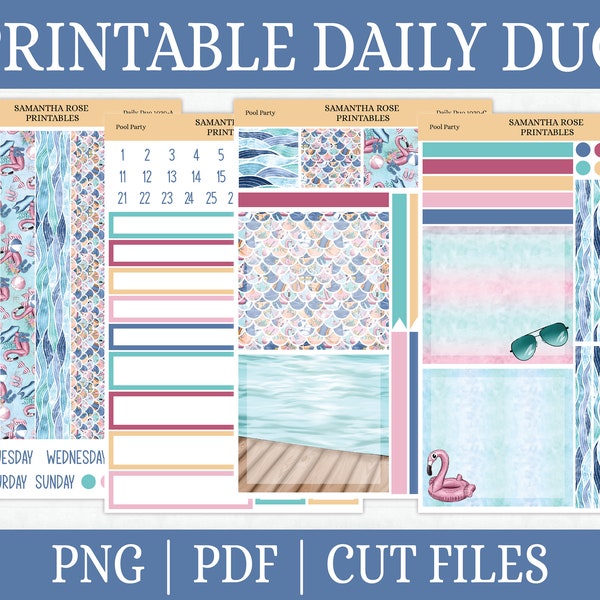 Pool Party Printable Daily Duo Kit | Summer Fun Printable 7x9 Daily Duo Planner Stickers | Pool Party Printable Sticker Kit | Kit 1020