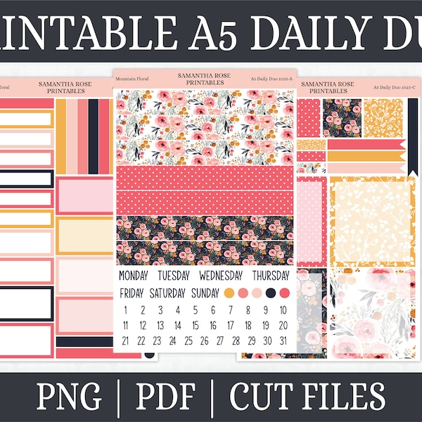 Mountain Floral Printable A5 Daily Duo Kit | Floral Printable A5 Daily Duo Planner Stickers | Neutral Florals Printable Kit | Kit 1023