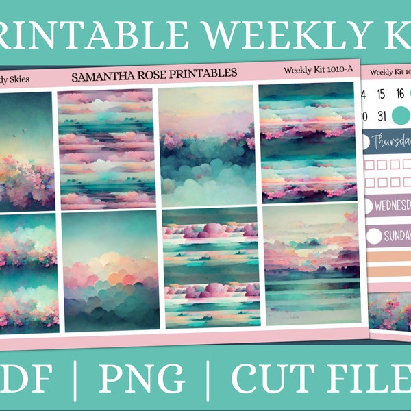 Cotton Candy Skies Printable Weekly Kit | Colorful Clouds Printable Vertical Planner Stickers | Hourly Printable Kit | Kit 1010