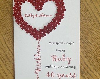 Personalised Handmade RUBY 40th Wedding Anniversary Card, Mum and Dad ...