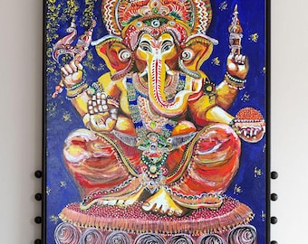 Lord Ganesha-målning – Handgjord akrylkanvaskonst, 60 x 80 cm