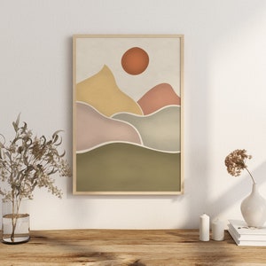 Boho Mountain Sunset Print - Tranquil Landscape with Setting Sun - Earthy Tones - Wanderlust Wall Art - Nature Gallery Wall