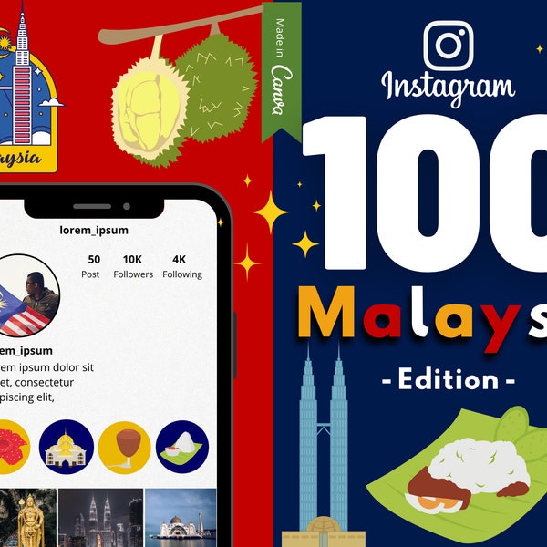 100 Malaysia Instagram Highlight Icons Cover, Kuala Lumpur, Rafflesia, Canvas template, Blue, Red, Yellow Theme, KLCC, Country, World Story