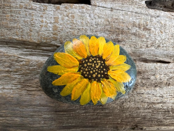 Hand-Painted Sunflower River Rock: Personalized Summer Decor
